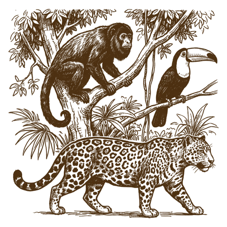 a hand-drawn depiction of jungle wildlife